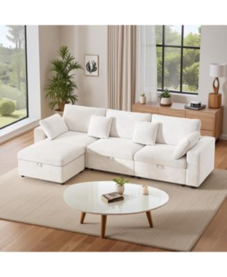 Oversized Cloud Sectional Couch with Ottoman, Velvet Sofa, Removable Pillows, Beige