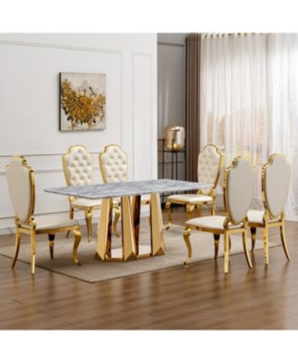 70" Faux Marble Dining Table, Mirrored Base