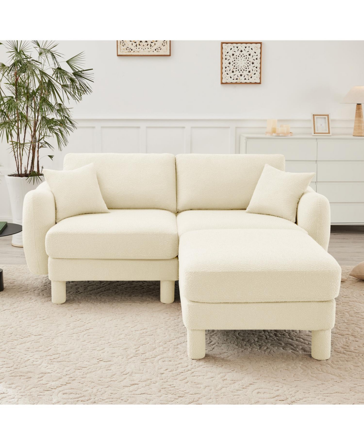 Streamdale Furniture Beige Boucle 2-Seater Loveseat with Ottoman & Shell Armrests