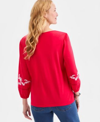 Women's Embroidered V-Neck 3/4-Sleeve Top