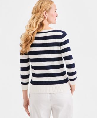 Women's Ribbed Cotton Striped Boatneck Sweater