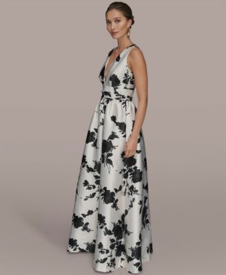 Women's Short Sleeve V-neck Floral Print Mikado Gown
