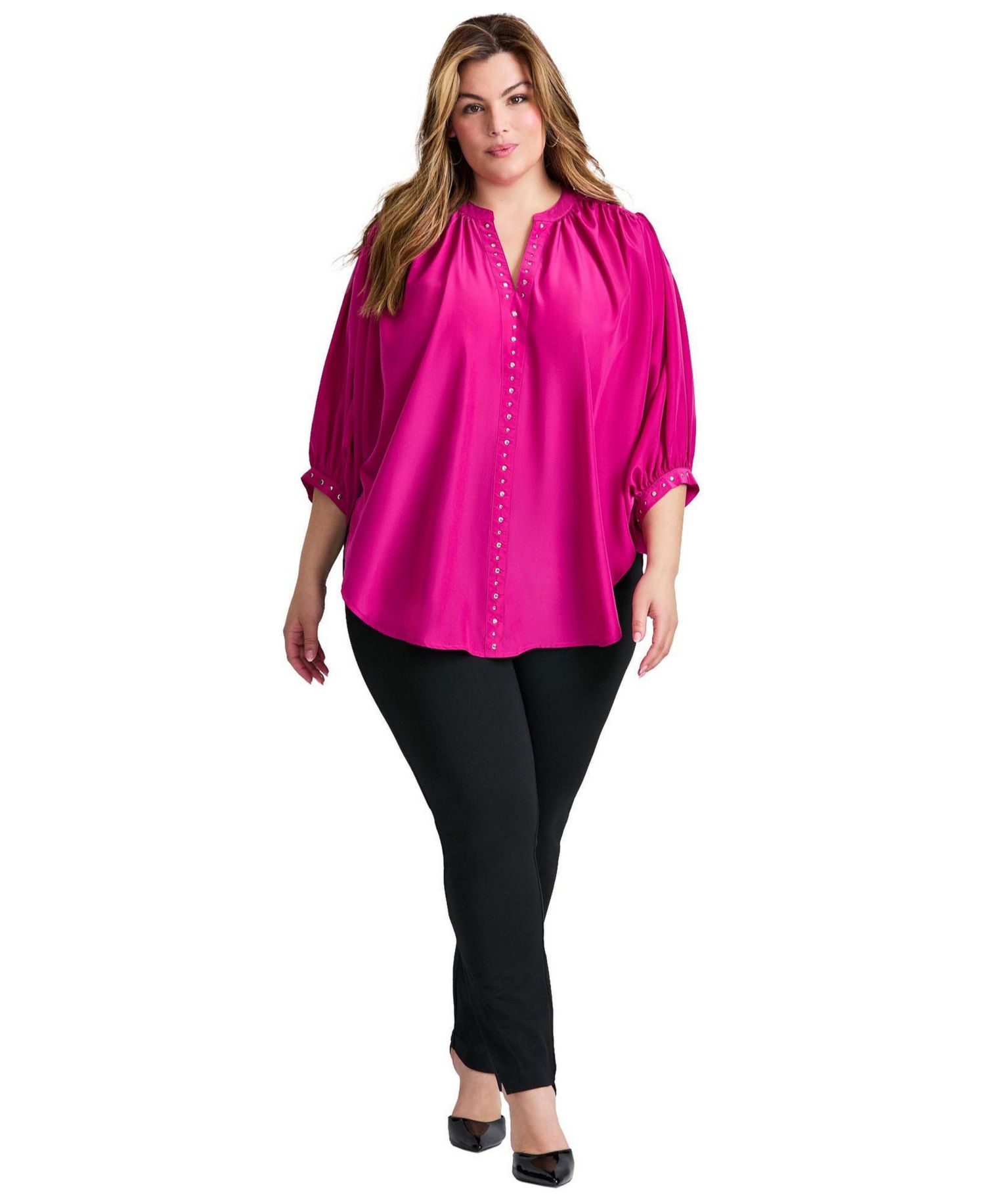 Women's Plus Size Studded Blouson Sleeve Blouse Tops