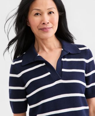 Women's Striped Cotton Elbow-Sleeve Johnny Collar Sweater