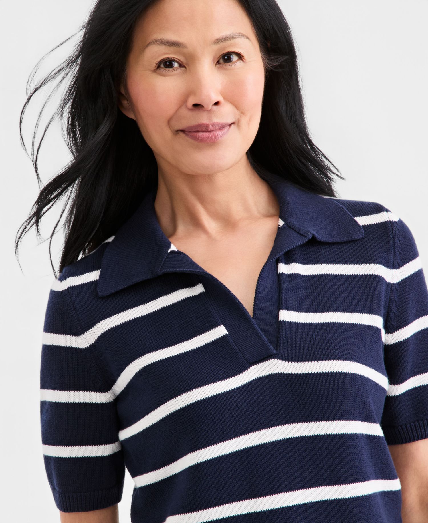 Petite Striped Cotton Elbow-Sleeve Johnny Collar Sweater