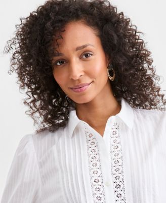 Women's Cotton Pleated Lace-Trim Blouse