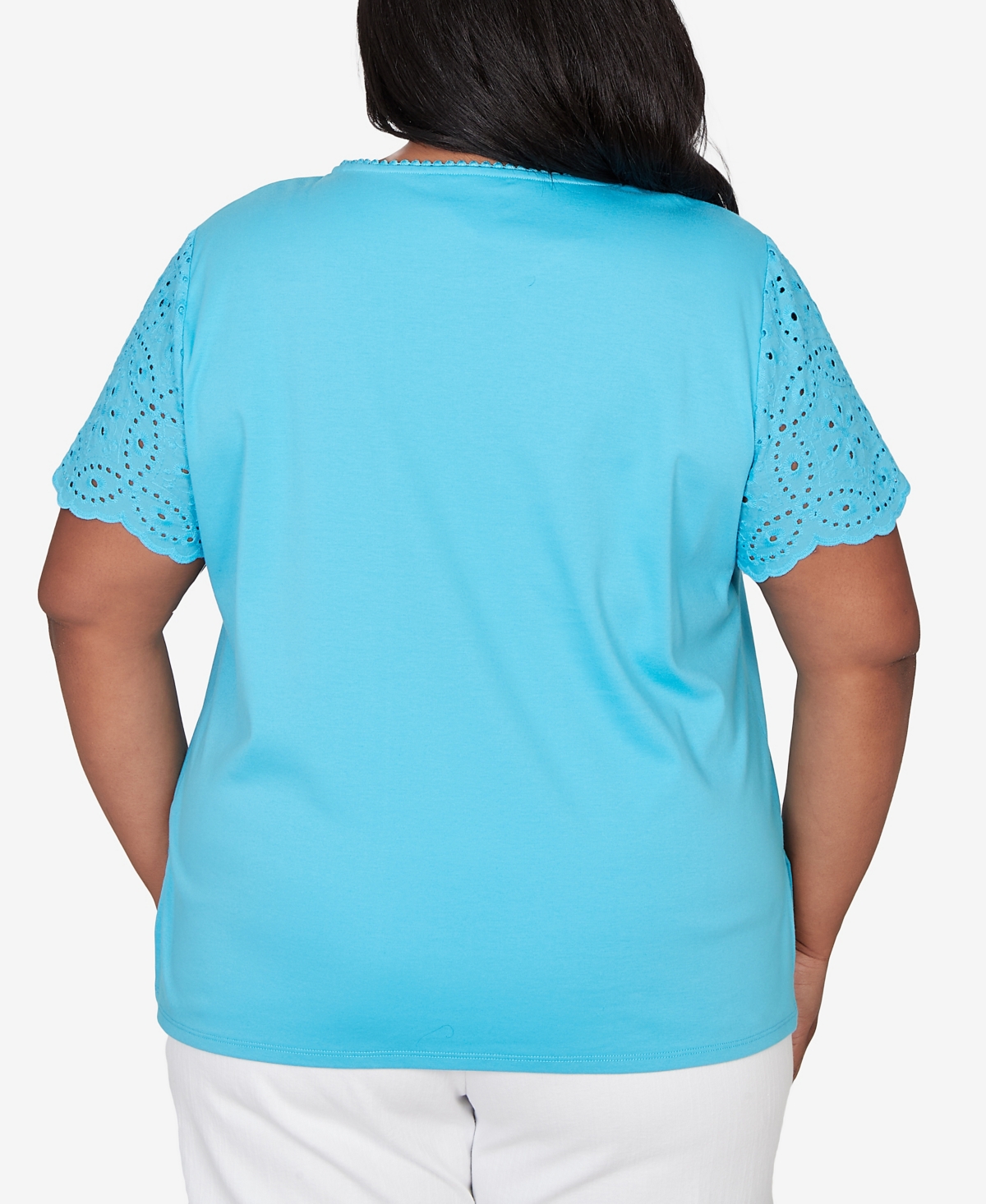 Alfred Dunner Plus Classic Solid Eyelet Sleeve T-Shirt with Necklace