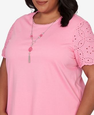 Plus Size Classic Solid Eyelet Sleeve T-Shirt with Necklace