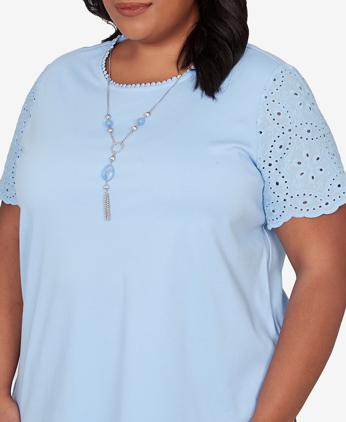 Alfred Dunner Plus Size Classic Solid Eyelet Sleeve T-Shirt with Necklace