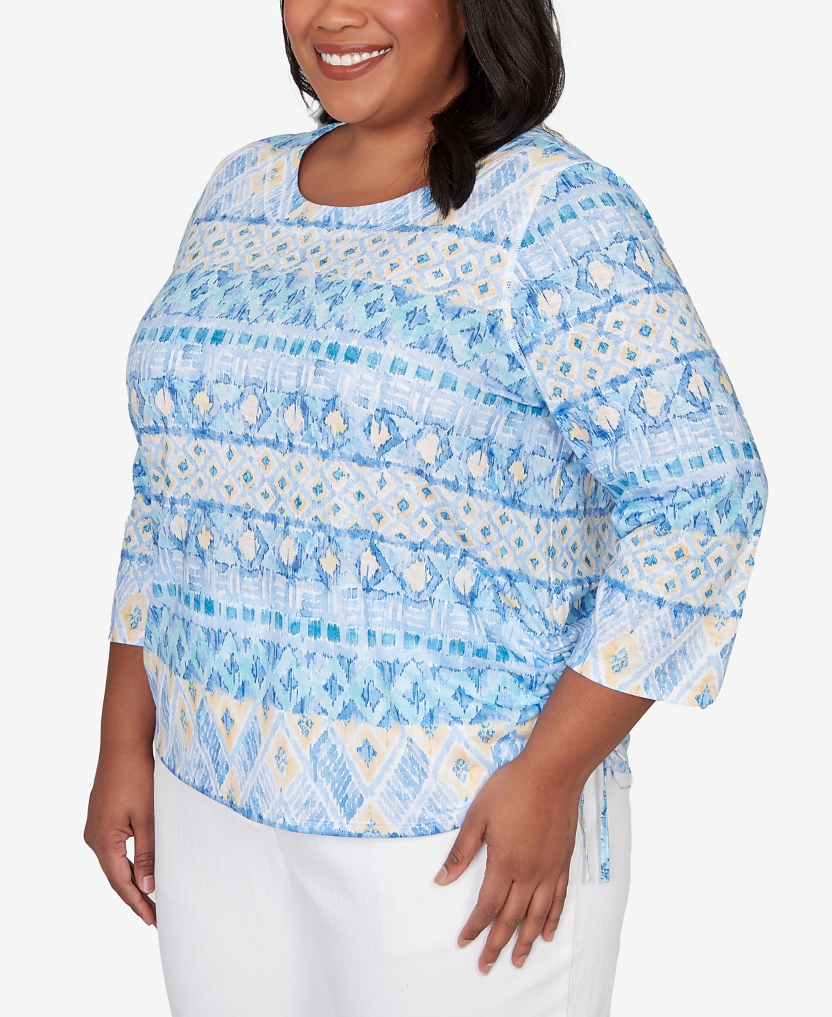 Alfred Dunner Plus Classic Ikat Biadere Tie Ruched Top