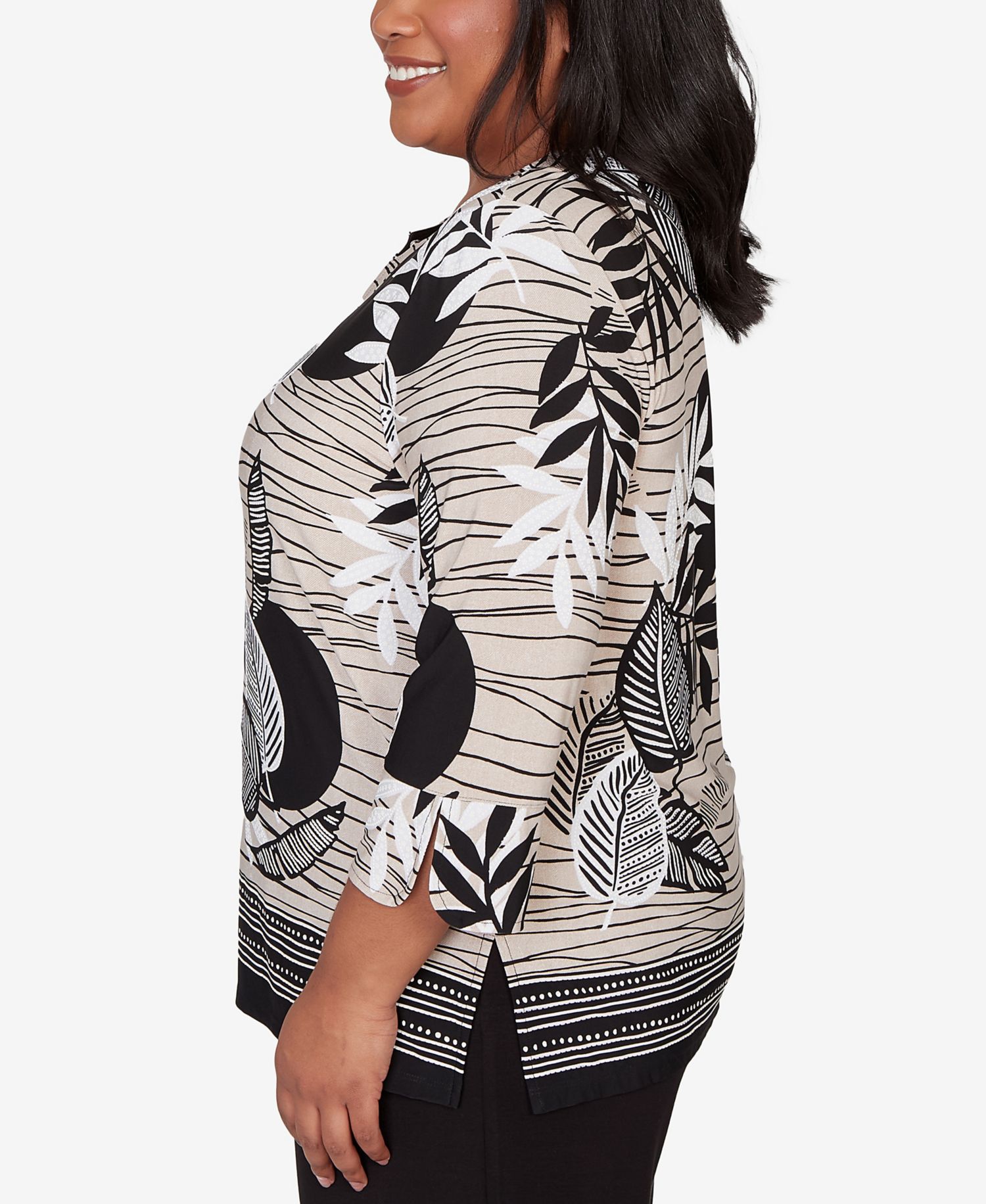 Plus Size Classic Tropical Leaf Border Print Split Neck Top