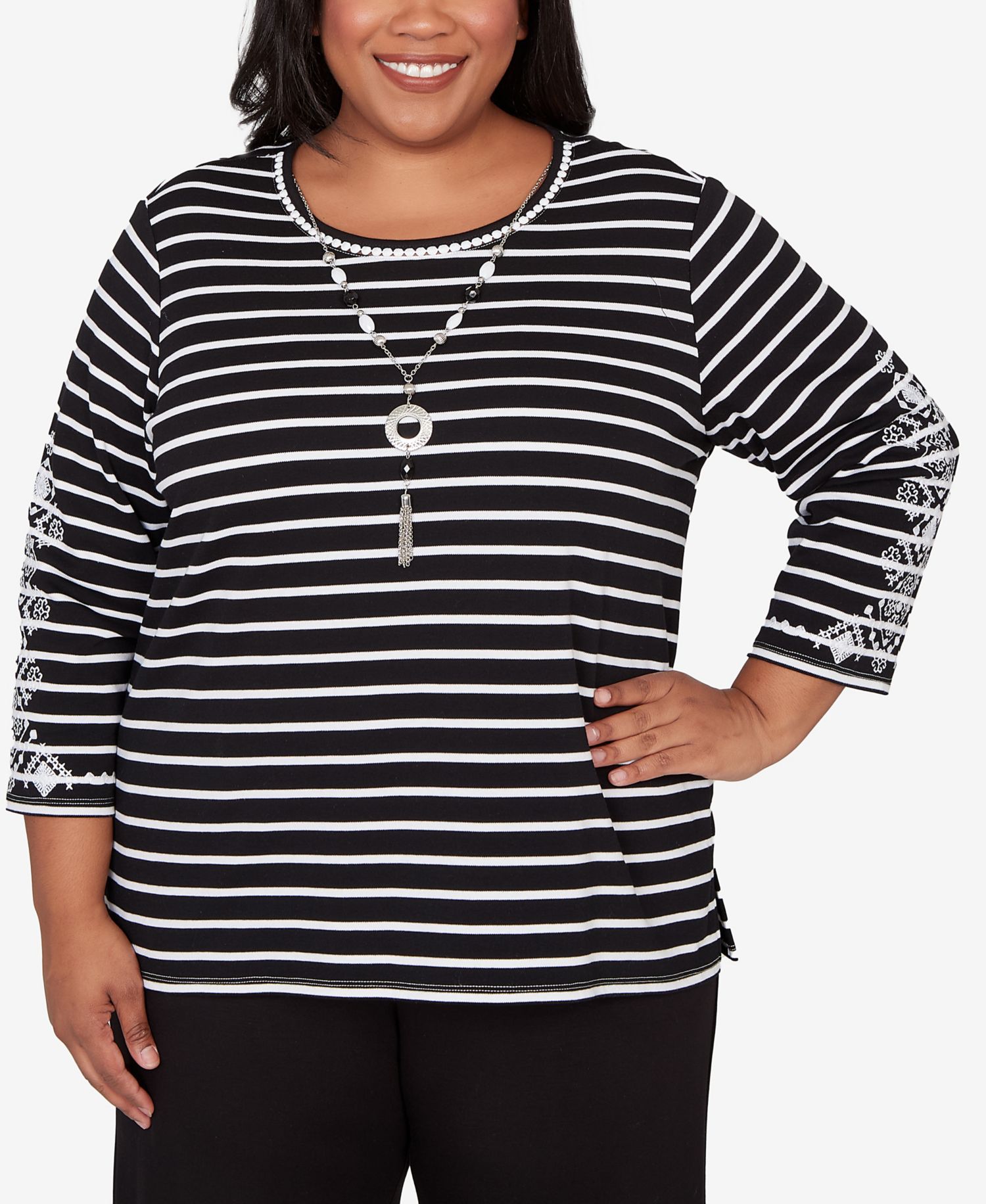Plus Size Classic Pinstripe Embroidered Sleeve Top with Necklace