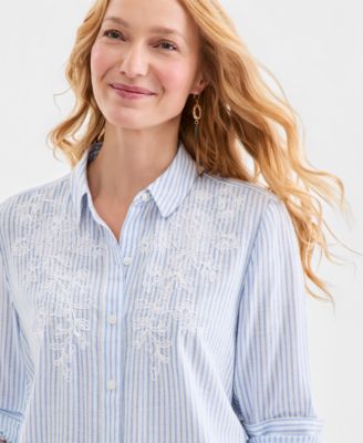 Petite Collared Neck Embroidered Detail Shirt