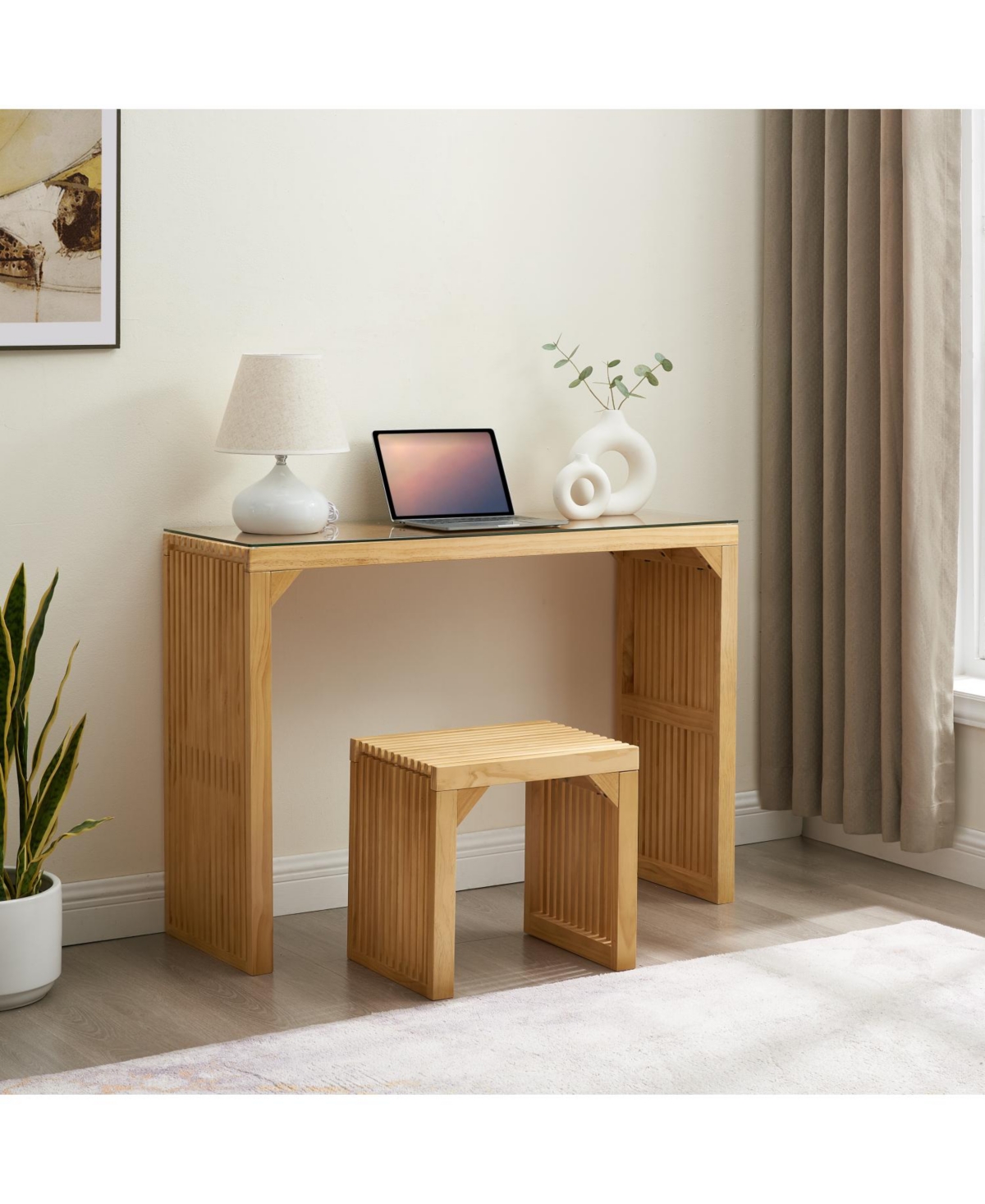 Streamdale Furniture Pine Dining Bench and Table Set with Tempered Glass