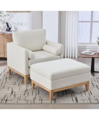  35.4" Farmhouse Upholstered Accent Chair with Ottoman & Coffee Table