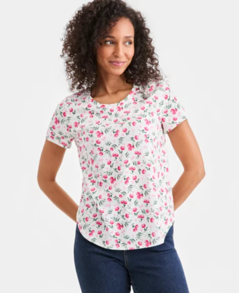 Petite Floral Print Crewneck Top - Egret Cmb