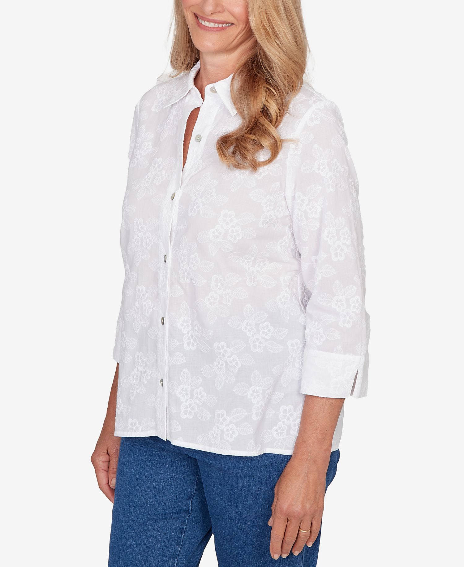 Women's Classic Collared Flower Embroidered Button Down Top