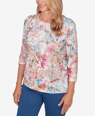 Women's Classic Paisley Floral Pleated Neck Top