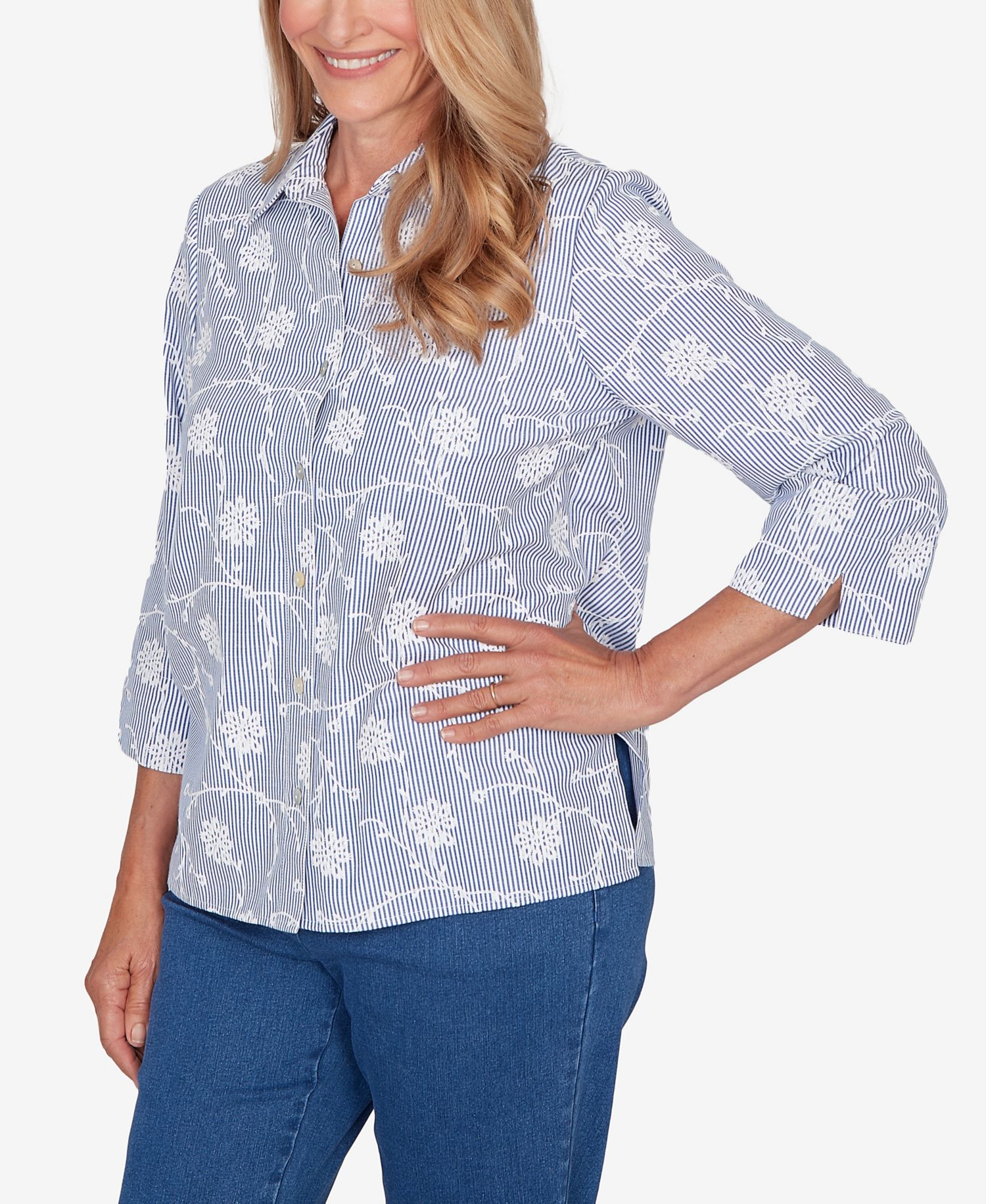 Women's Classic Puff Print Pinstripe Embroidered Button Down Top