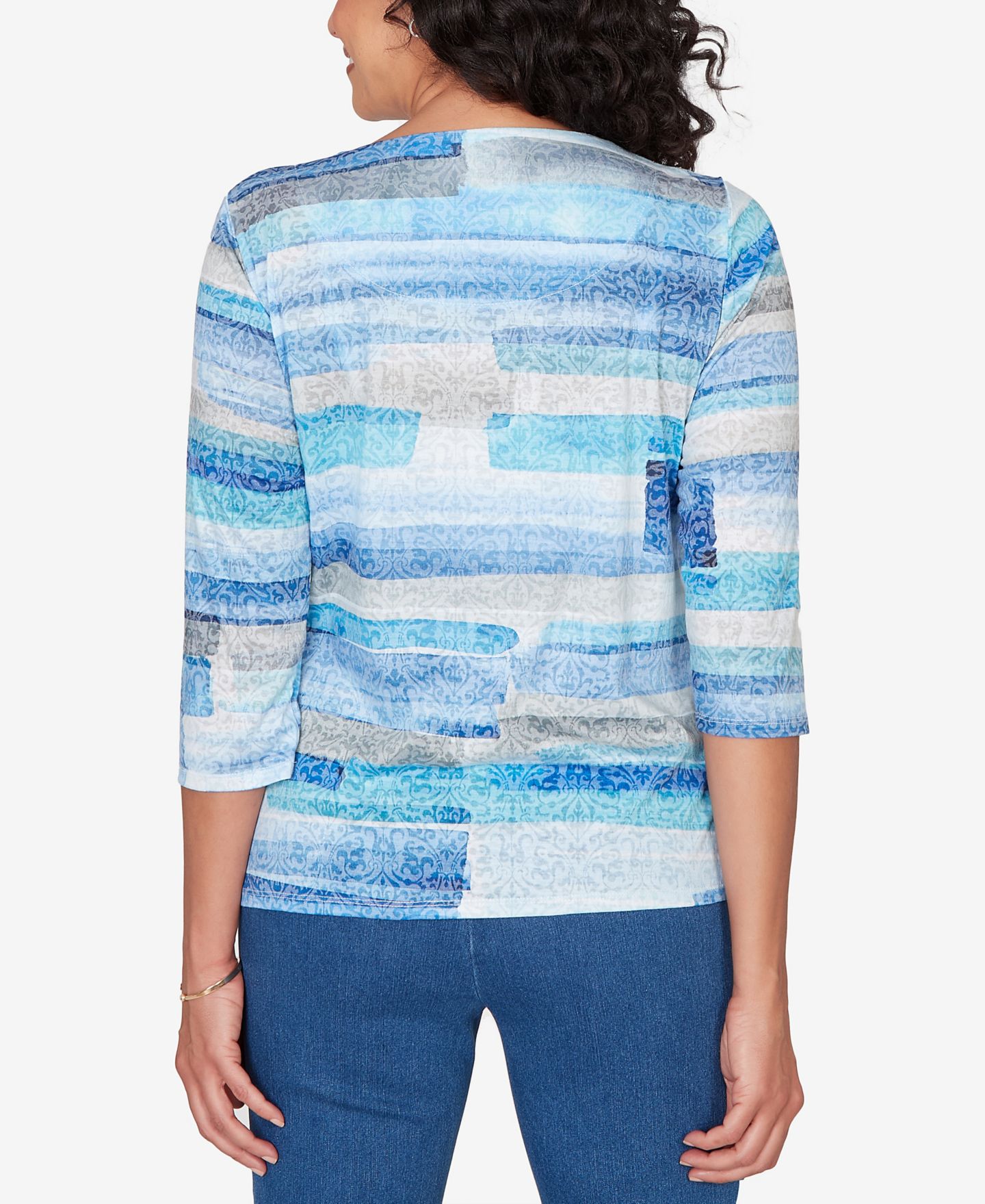 Женский топ Alfred Dunner Classic Brushstroke Biadere Embellished Neck, цвет: Синий — фото 5