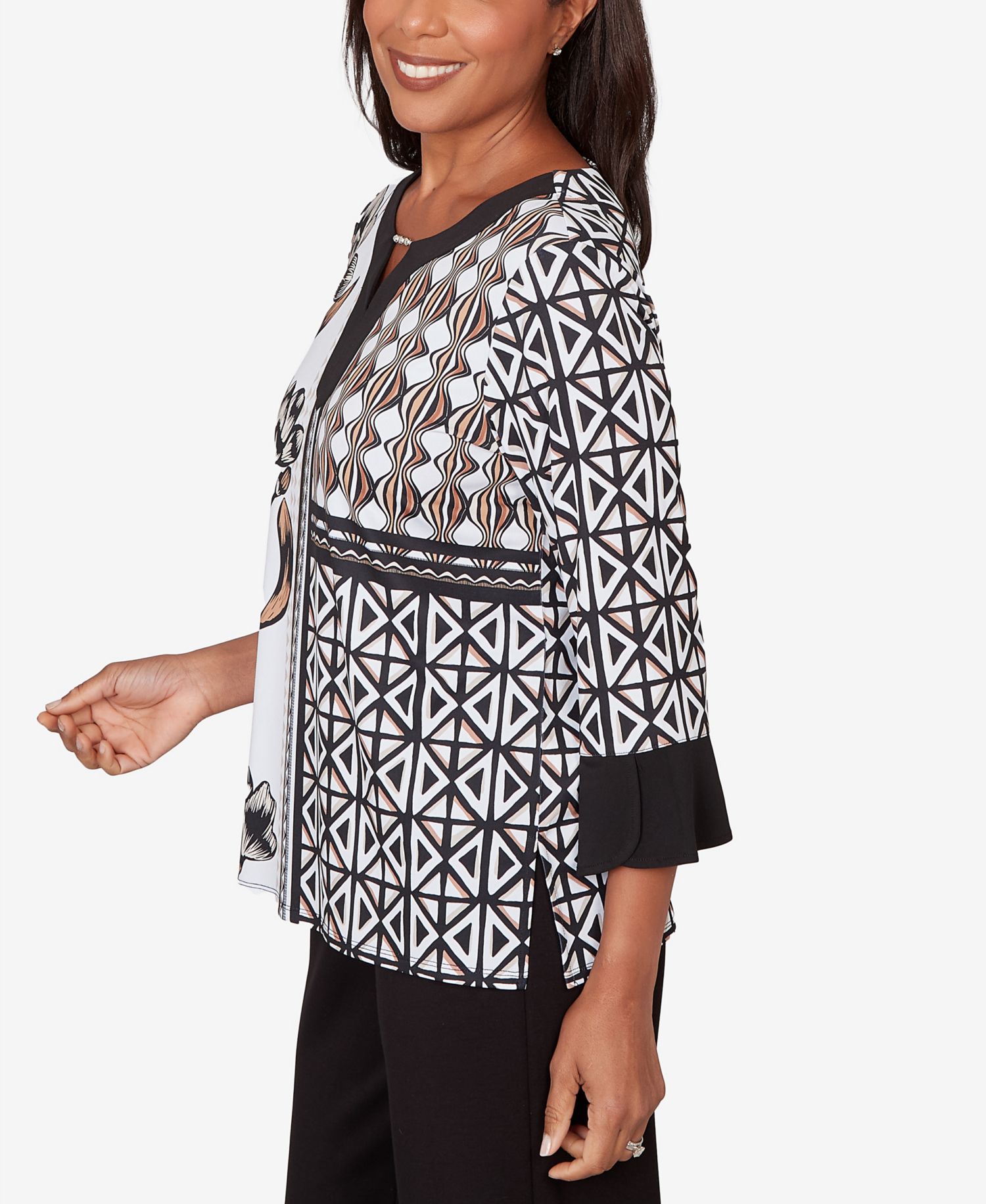 Women's Classic Floral Geo Patchwork Split Neck Top