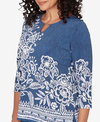 Women's Classic Floral Border Embroidered Split Neck Top