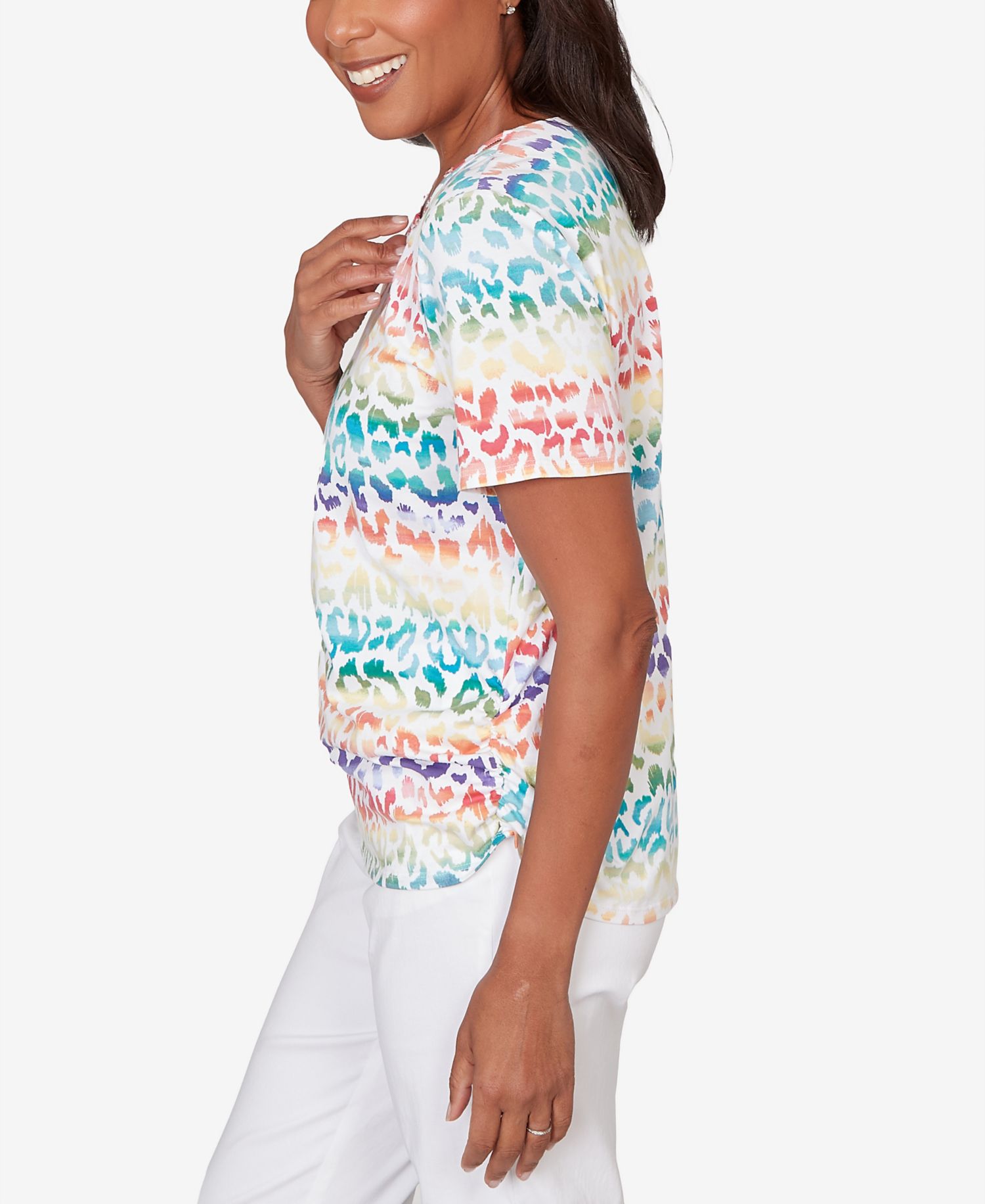 Women's Rainbow Animal Print Beaded Neck Ruched T-Shirt