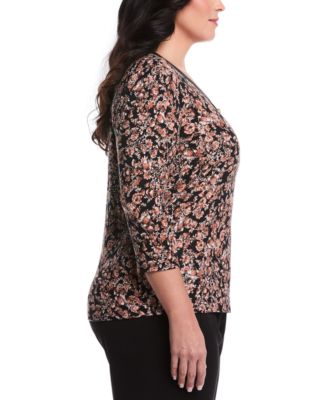 Plus Size Plus Size Floral Print 3/4 Puff Sleeve V-Neck Top