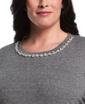 Plus Size Plus Size Embellished Neck Long Sleeve Top