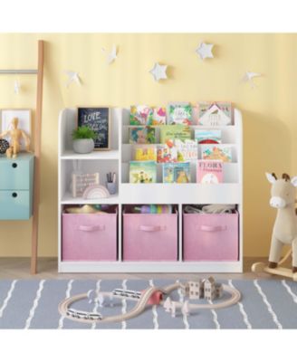 White/Pink Kids Bookcase with 3 Collapsible Fabric Drawers for Bedroom