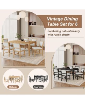 Retro 7-Piece Dining Table Set for 6 with Upholstered Chairs (Natural)