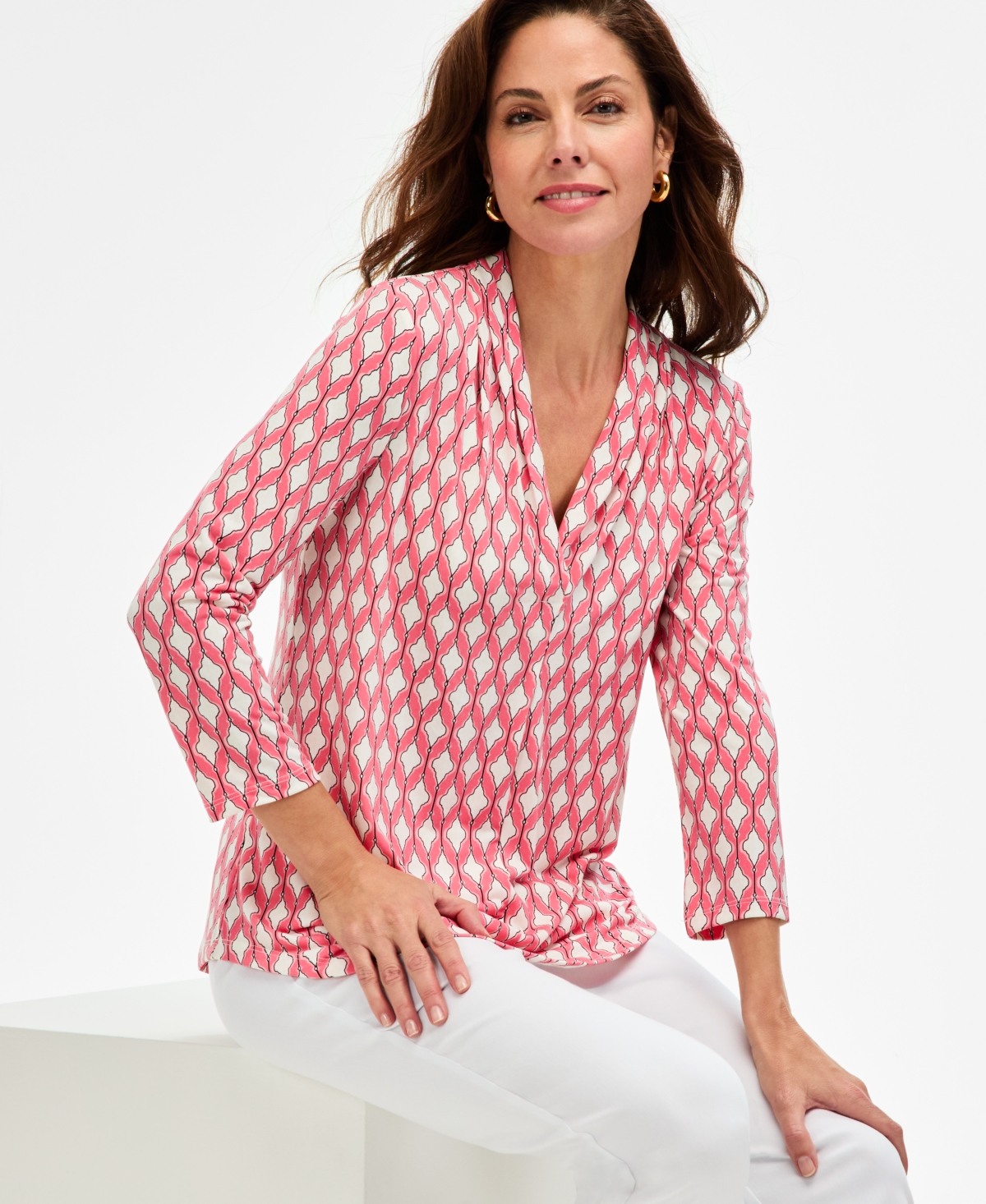Jm Collection Women's Printed 3/4 Sleeve V-Neck Knit Top, Macy's Exclusive