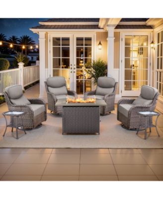 Crescent All-weather PE Wicker Fire Pit Conversation Set with Olefin 6 In. Thick Cushions Patio Swivel Chairs Set with Side Tables (7-Piece)