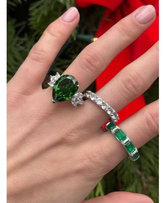 Suzy Levian Gala Collection Sterling Silver Emerald-Cut Cubic Zirconia Pave U-Shape Eternity Band Ring