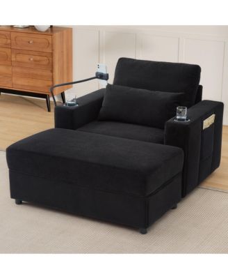 Modern Armchair Chaise Lounge Sofa with Ottoman, USB Ports & Cup Holders - Black