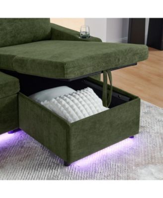 + Sofa Bed + Chenille + Pull-Out w/ Table, LED, USB & Cup Holders