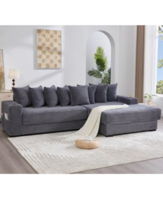 Corduroy L-Shaped Sectional Sofa with Ottoman, Pillows & Cup Holders