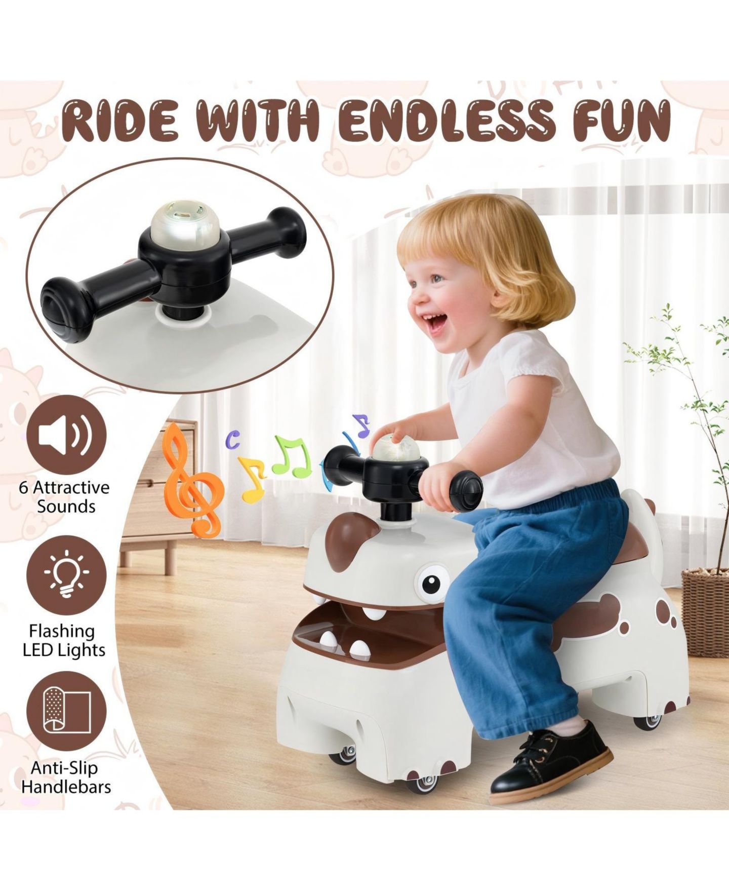 Детская игрушка HONGGE Ride-On Toy Car with LED Headlights, Sounds and Under-Seat Storage, Ages 18 Months+, цвет: Белый — фото 11