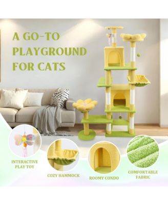 71 Yellow Flower Cat Tree Large Condo Removable Cushion Hammock