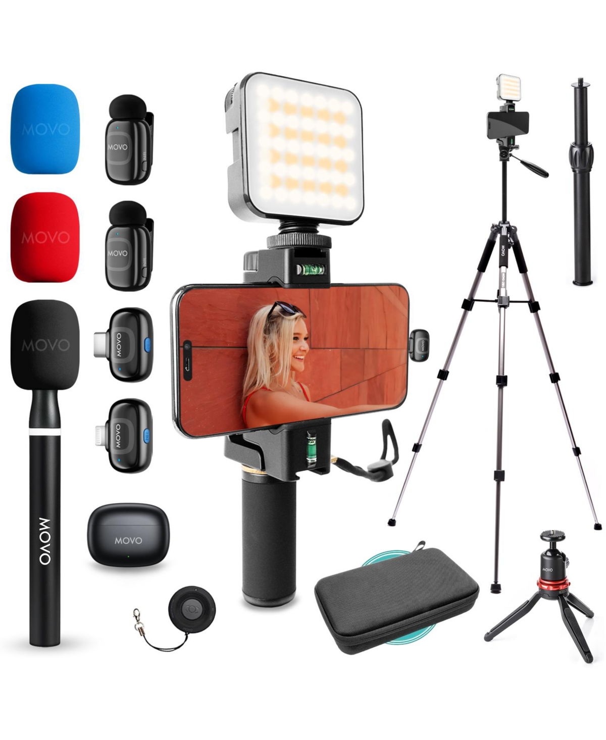 Movo iVlogger-pro Wireless Vlogging Kit for iPhone/Android with Dual Wireless Mics, Rgb Light, Fullsize Tripod + More