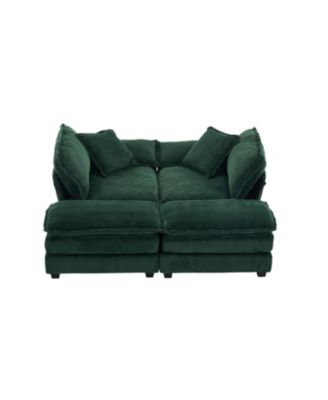 Corduroy 2-Seat Sofa with Pillows & Ottomans - Green