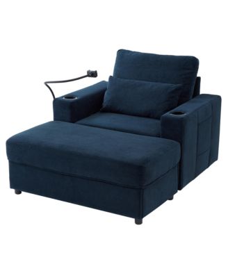 Modern Armchair Chaise Lounge Sofa w/ Ottoman, USB Ports, Cup & Phone Holders - Blue