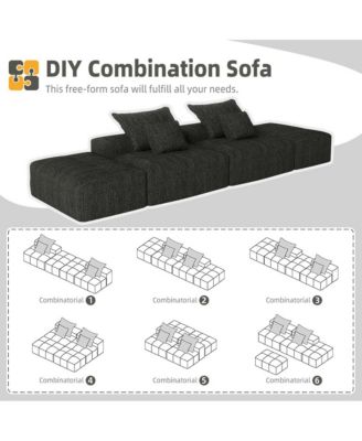 Modern Chenille Sectional Sofa w/ 2 Ottomans & Pillows - BLACK