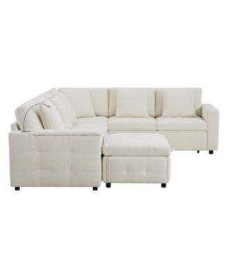 Modular Sectional Sofa Bed- Flip Table, Lamp, Ports, Ottoman, Tufted, 6 Pillows