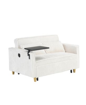  Beige Corduroy Pull-Out Sofa w/ Movable Tabletop & USB
