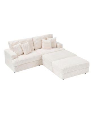 White Corduroy Sofa w/ Storage Legs & Pillows
