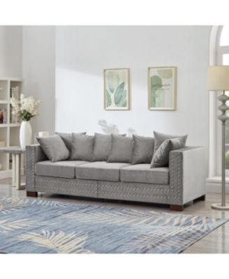 Modern Grey Velvet Sofa Silver Nailhead Trim