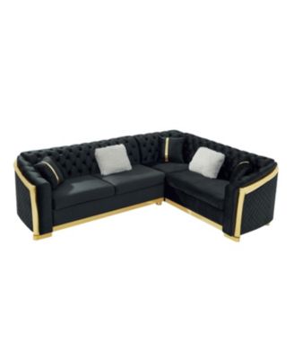 L-Shaped Chesterfield Sectional Sofa, Velvet, Gold Accents, Black