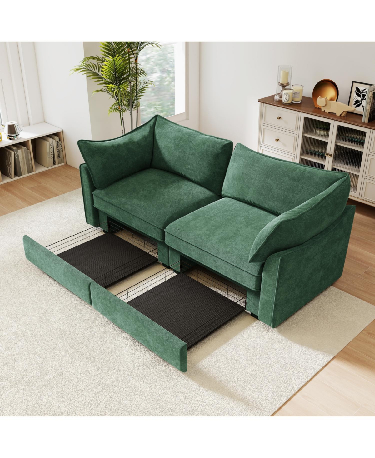 Streamdale Furniture Green Chenille 2-Seater Sofa with Pull-Out Storage