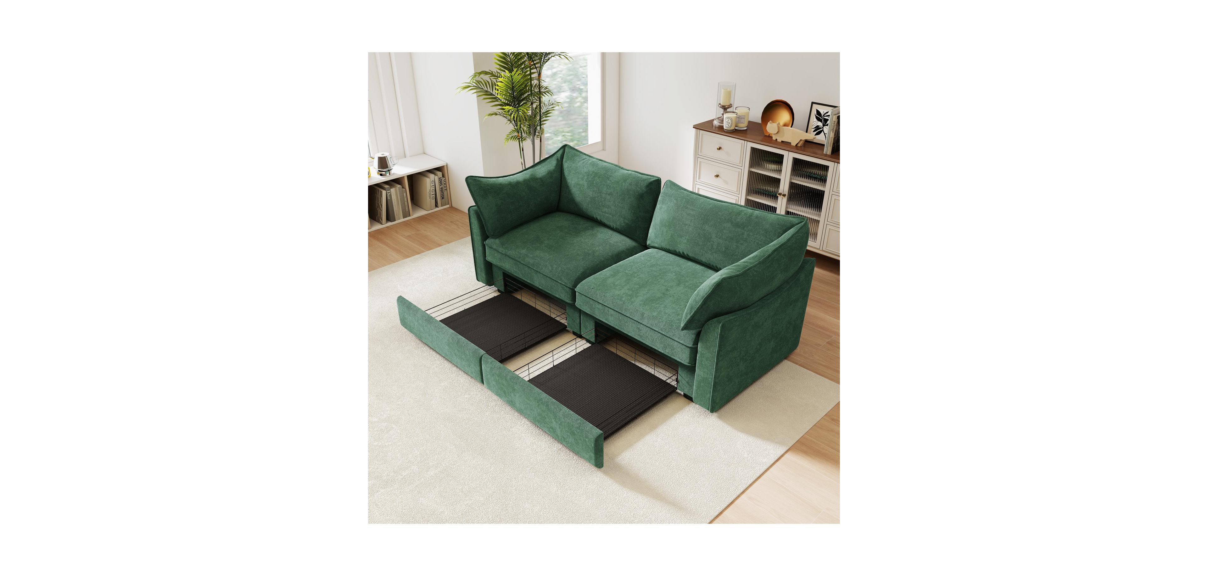 Streamdale Furniture Green Chenille 2-Seater Sofa with Pull-Out Storage